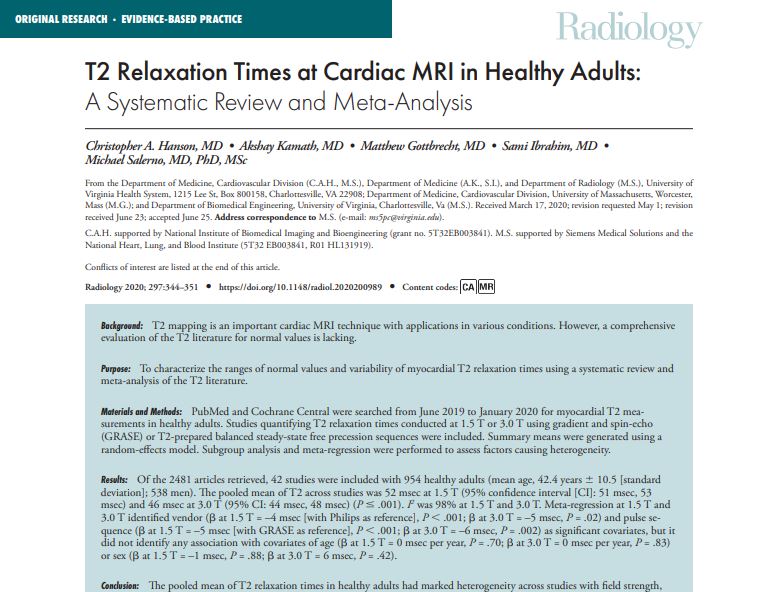 T2 Relaxation Times at Cardiac MRI in Healthy Adults: A Systematic